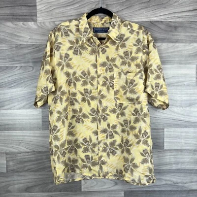 Andrew Fezza Hawaiian Shirt Mens Medium Yellow Floral 100% Silk Summer Button-Up - Image 1 of 4