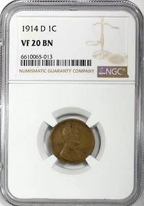 1914-D Lincoln Cent NGC VF 20 BN, "Key Date" Wheat Cent - Picture 1 of 3