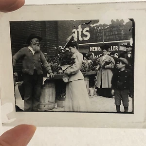 Antique Glass Plate Lantern Slide Photo Man Woman Child in Market Beard - Picture 1 of 9