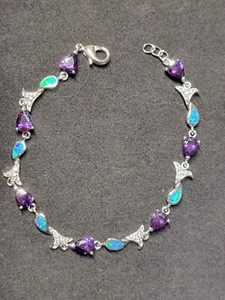 Amethyst Australian Opal Inlay 7.5 Inch 925 Sterling Silver Tennis Bracelet 1826 - Picture 1 of 6