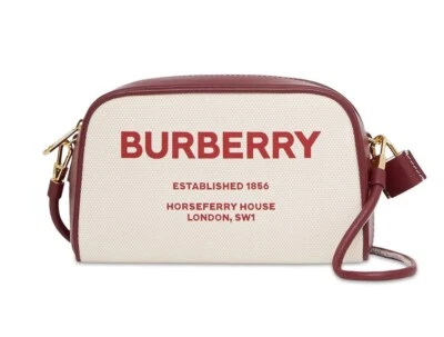 Bolso Bandolera BURBERRY Horseferry Half Cube Cuero Lona Blanco y Borgoña Foto 1 de 4
