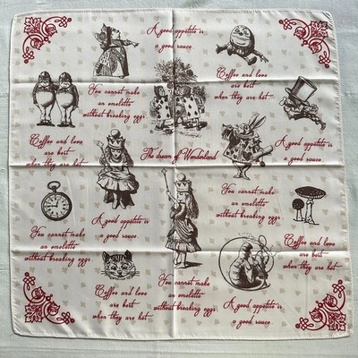 Vintage Beige Silk Scarf Red Black Hand Drawn Alice in Wonderland Kerchief 20" - Image 1 of 4