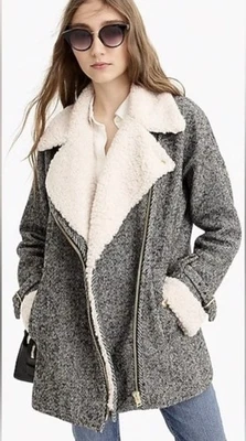 J.Crew Wool Herringbone MOTO Jacket Women's M Sherpa Collar /Cuffs ~ Oversized - Image 1 of 4