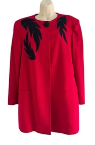Vintage 80s Lilli Ann Women's Sz M Red Wool Black Embellished Open Blazer Jacket - Picture 1 of 14
