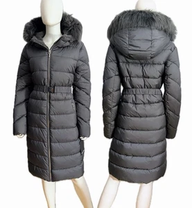 NWT H by HALSTON Quilted Puffer Belted Jacket Removable Faux Fur Hood Gray $315 - Picture 1 of 23
