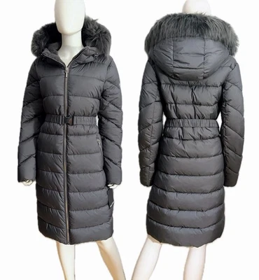 NWT H by HALSTON Quilted Puffer Belted Jacket Removable Faux Fur Hood Gray $315 - Image 1 of 4