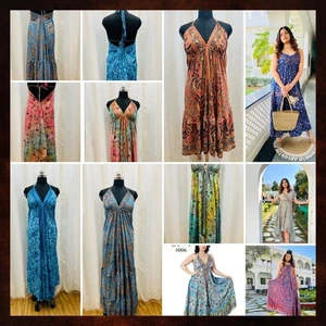 Abito estivo indiano 5 pezzi donna vigilia sari seta lungo maxi bohemien - Foto 1 di 8