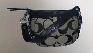 COACH 41856 Zoe Signature Top Handle Pouch Black Jacquard, Aqua Satin Lining - Picture 1 of 11