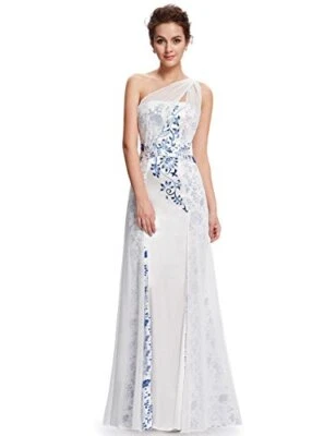 Когда-либо довольно шикарный одно плечо белый вечернее платье синий цветочный принт 10/12/14 - Изображение 1 из 4