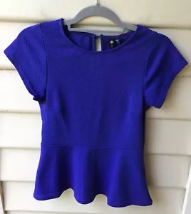 COTTON ON NWT Top Stretch Blue Peplum Fitted XS 8 Short Sleeve Blouse Textured - Picture 1 of 4