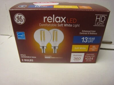 Twin Pack GE Relax Led Candelabra Bulbs Soft White Dimmable 40 Watts G16.5 clear - Image 1 of 4