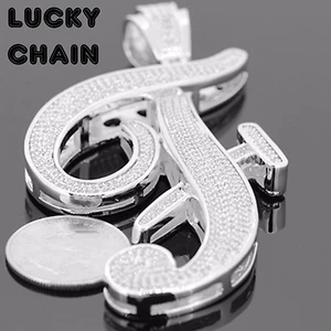 MEN`S 14K WHITE GOLD FINISH CZ PAVE INITIAL LETTER F SILVER PENDANT/52g/L6 - Picture 1 of 3