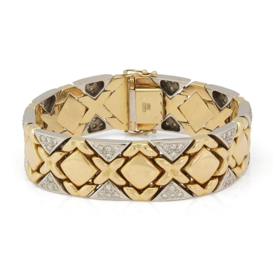 Wide Fancy Link Bracelet Estate 1.75ct Diamond 14k Two Tone Gold - Image 1 of 4