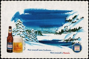 Vintage placemat HAMMS BEER dated 1965 bottle and mug with snow scene n-mint+ - Picture 1 of 2