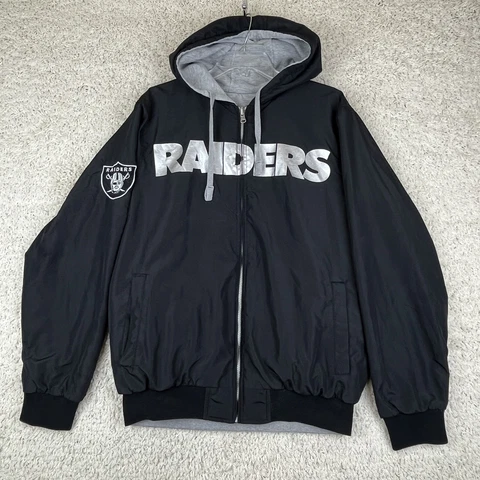 Oakland Raiders NFL Hoodie Mens Small Reversable Black Nylon /Gray Cotton Cover