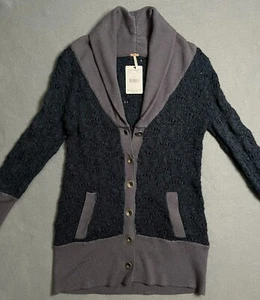 NWT Free People Navy and Gray Long Sleeve Button Sweater Size Small - Picture 1 of 7