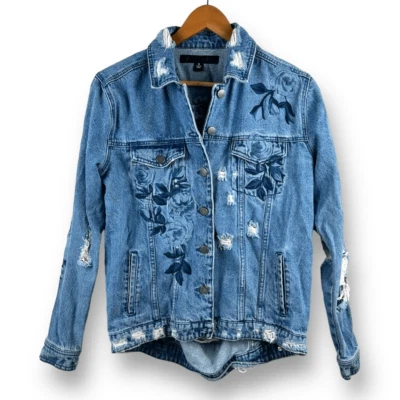 Tinsel Denim Couture Jean Jacket Women's Size S Distressed Embroidered Floral - Image 1 of 4