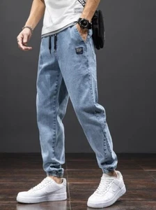 Black Blue Cargo Jeans Men Streetwear Denim Jogger Pants Baggy Harem Jean - Picture 1 of 27