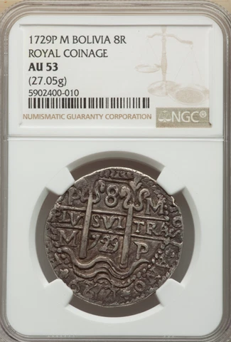 1729P M BOLIVIA 8 REALES ROYAL COINAGE NGC AU 53 TOP POP Cover