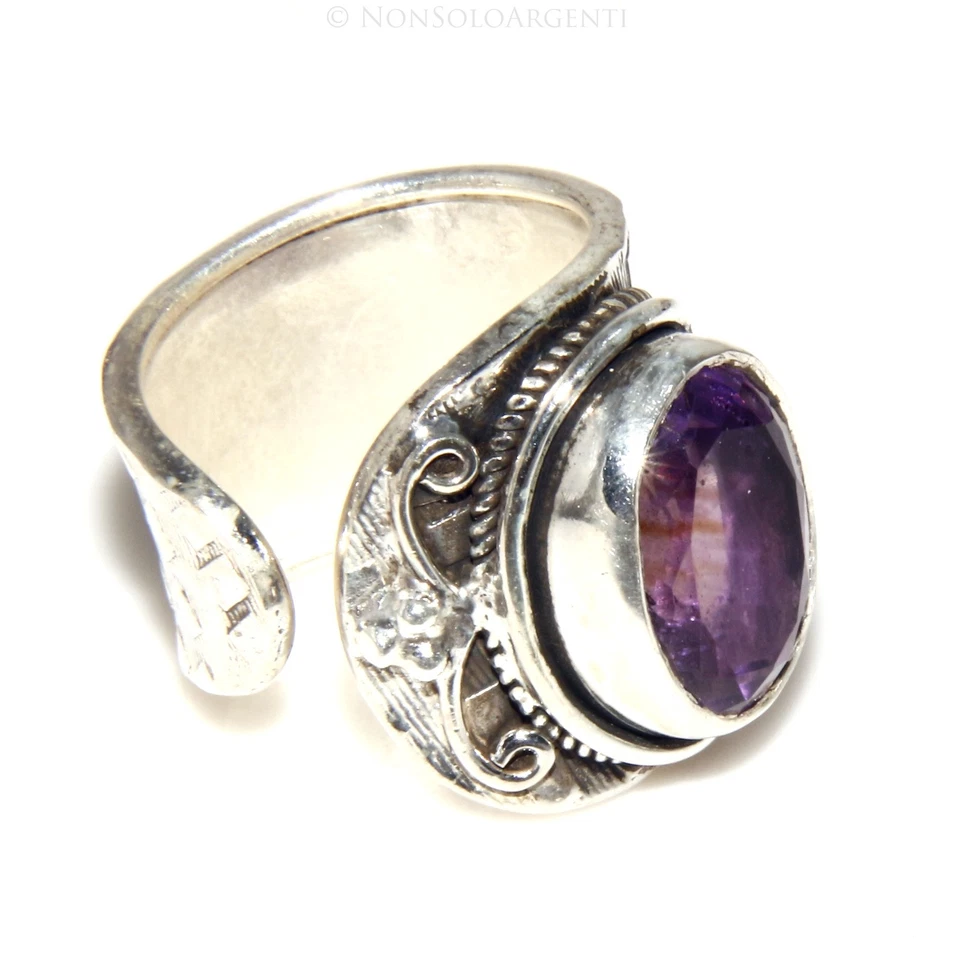 ANELLO DONNA ARGENTO 925 MASSICCIO APERTO REGOLABILE AMETISTA BRILLANTE OVALE - Immagine 1 di 1