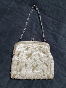 Vintage Mid Century Cream/Gold Beaded Purse Handbag Evening Bag by Walborg - Picture 1 of 4