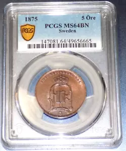 SWEDEN Kingdom 5 ore 1875 PCGS UNC MS64 BN Scarce King Oscar Swedish UNC COIN - Picture 1 of 4