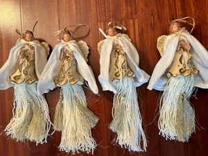 4 Ivory Gold Ceramic Angels With Tassel And Cloth Cape - Picture 1 of 14