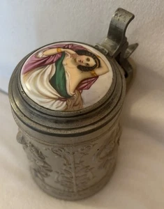 Antique German Stoneware Beer Stine Hand Painted Porcelain Lid 1870s Women - Picture 1 of 18