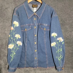 Bob Mackie Jeanshemd Damen 1X Blau Wearable Art Blumenstickerei Y2K - Bild 1 von 9
