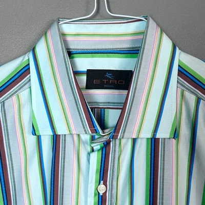 ETRO Milano Shirt Men's size 42 Button Down Stripe colorful green disco Italy - Image 1 of 4
