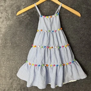 Tommy Bahama Sundress Girls 4T Blue Striped Midi Tiered Lined Pom Poms - Picture 1 of 7