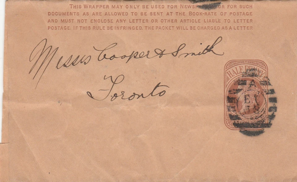 GB to Canada LONDON EC58 Barred Numeral Queen Victoria 1/2d Wrapper c1890 - Image 1 of 1