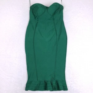 PrettyLittleThing Strapless Bodycon Dress Size 10 Green Club Glam Ruffle Hem - Picture 1 of 12