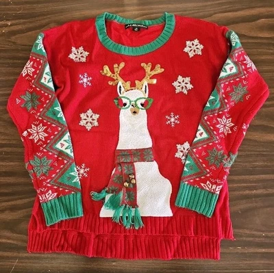 Suéter feminino de Natal feio médio lhama sinos brilhos - Imagem 1 de 4