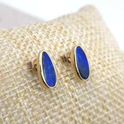 Pendientes de ópalo de roca doble natural australiano de oro macizo de 14 k 5,3 x 10,7 mm Foto 1 de 4