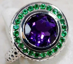3CT Amethyst & Treated Emerald 925 Sterling Silver Vintage Art Ring Sz 7 F3-1 - Picture 1 of 4