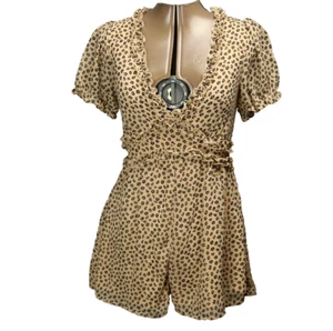 Trixxi Leopard Print Balloon-Short-Sleeve Romper Deep V-Neck Lined Brown Black S - Picture 1 of 24