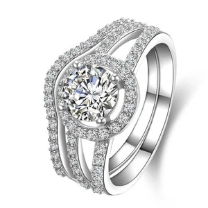 ROUND CUT CZ .925 STERLING SILVER WEDDING RINGS SET WOMEN'S SIZE 3-12 S010 - Picture 1 of 6