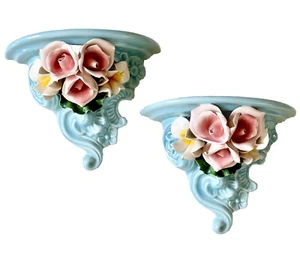 VTG Pair Merritt Studio Calif Floral Wall Shelf Sconce Capodimonte Style Ceramic - Picture 1 of 6
