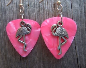 Flamingo Charm Guitar Pick Earrings - Pick Your Color - Picture 1 of 16