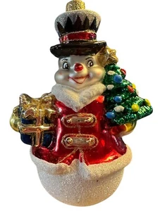 Blown Glass Snowman With Tree And Gifts Ornament Made In Poland 5.5” Tall - Picture 1 of 9
