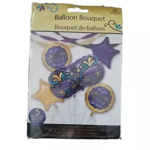 Anagram 5 Balloons Bouquet Gold Purple Mardi Gras Mask CHOKING HAZARD Foil - Picture 1 of 2