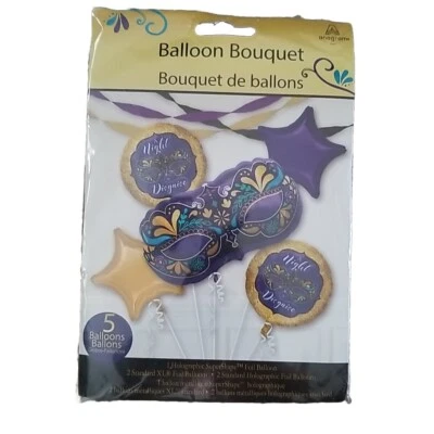 Anagram 5 Balloons Bouquet Gold Purple Mardi Gras Mask CHOKING  HAZARD Foil - Image 1 of 2