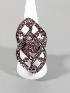 Silver Tone Pink Crystal Flower Ribbon Art Deco Wide Cocktail Ring Size 7 - Picture 1 of 10