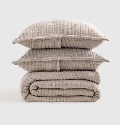 Quince Organic Cotton Channel Matelasse Coverlet Set King Cal King Taupe New Ope - Image 1 of 4