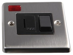 VOLEX 1 Gang Suis Sambungan Berfius 13A dengan Neon, Keluli Tahan Karat / Hitam - Picture 1 of 1