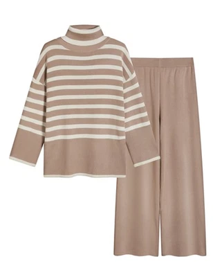 Conjuntos de suéteres femininos manga longa listrado jumper tops casual malha perna larga pan... - Imagem 1 de 4