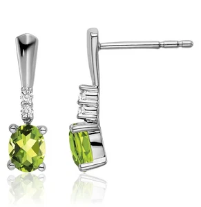 14K Solid White Gold Oval Peridot Diamond Dangle Earrings - Picture 1 of 12