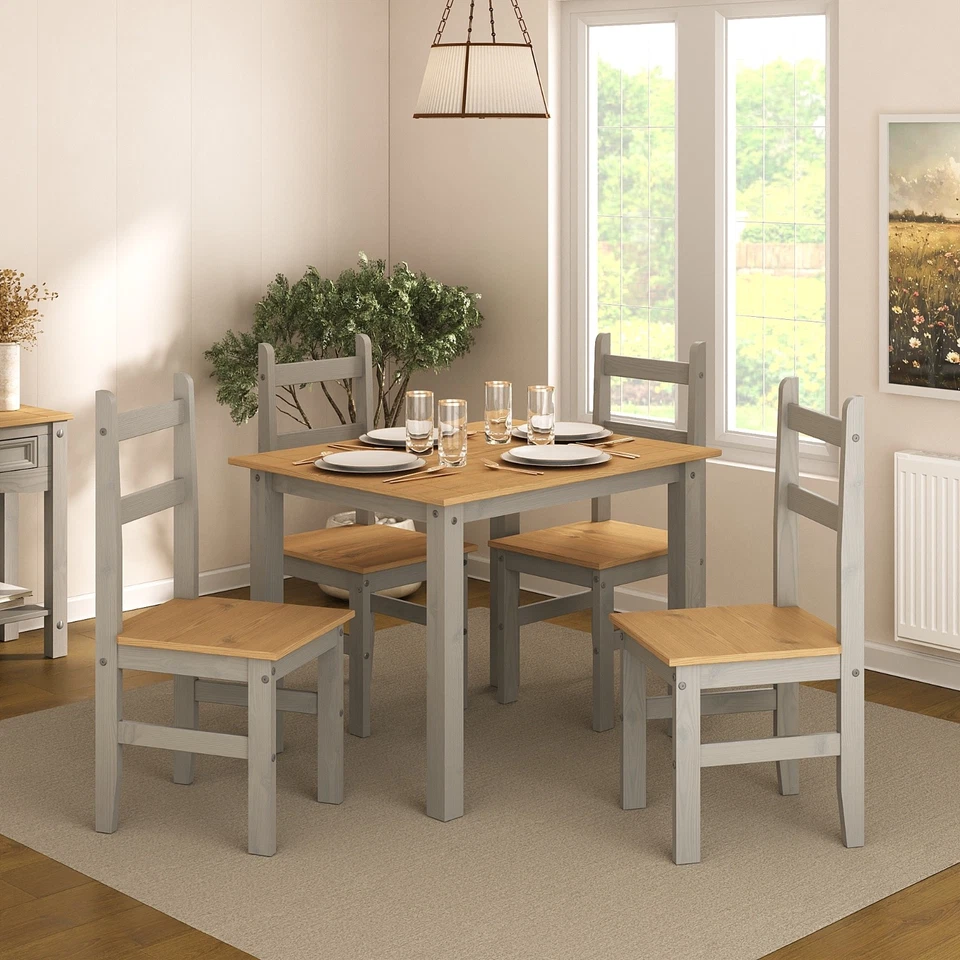 Corona Dining Table Set 4 Seater Grey Solid Mexican Pine Wood Table With 4 Chair - Image 1 of 4