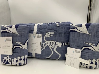 Pottery Barn Kids Dino Bones Embroidered Full Queen Quilt 2 Euro Sham #U1109 - Image 1 of 4